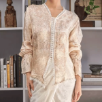 Lace Trim Batik Kebaya Top - Champagne